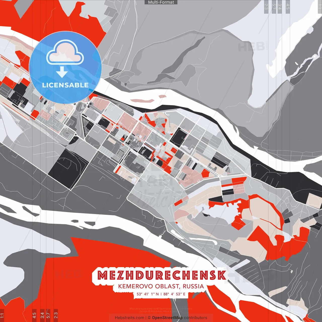Mezhdurechensk, Kemerovo Oblast, Russia - modern street map poster template with gray and red tones