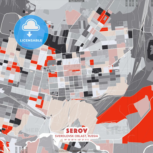 Serov, Sverdlovsk Oblast, Russia - modern street map poster template with gray and red tones