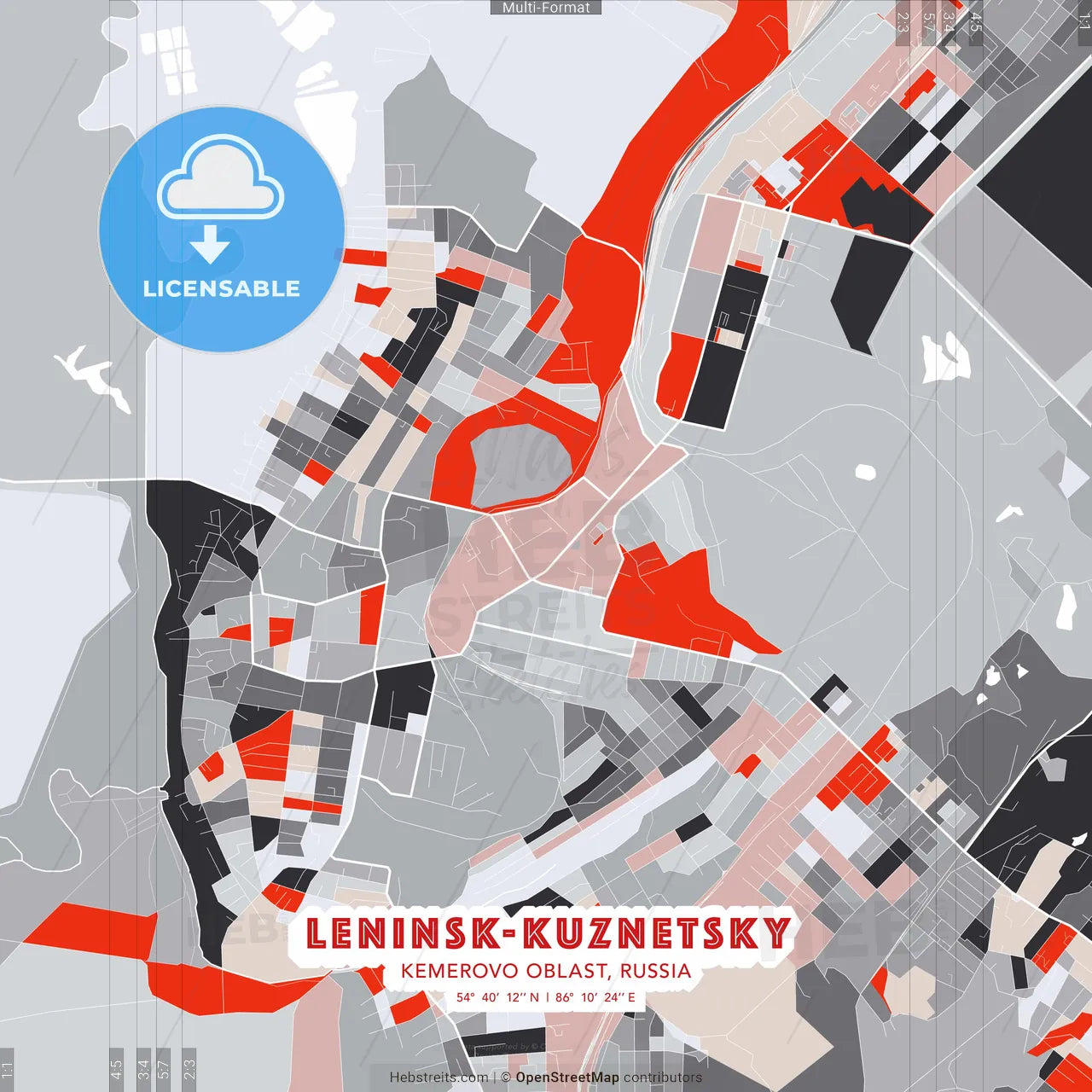 Leninsk-Kuznetsky, Kemerovo Oblast, Russia - modern street map poster template with gray and red tones
