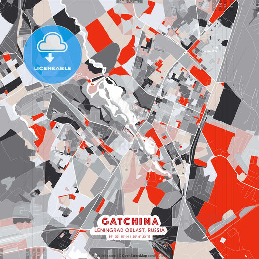 Gatchina, Leningrad Oblast, Russia - modern street map poster template with gray and red tones