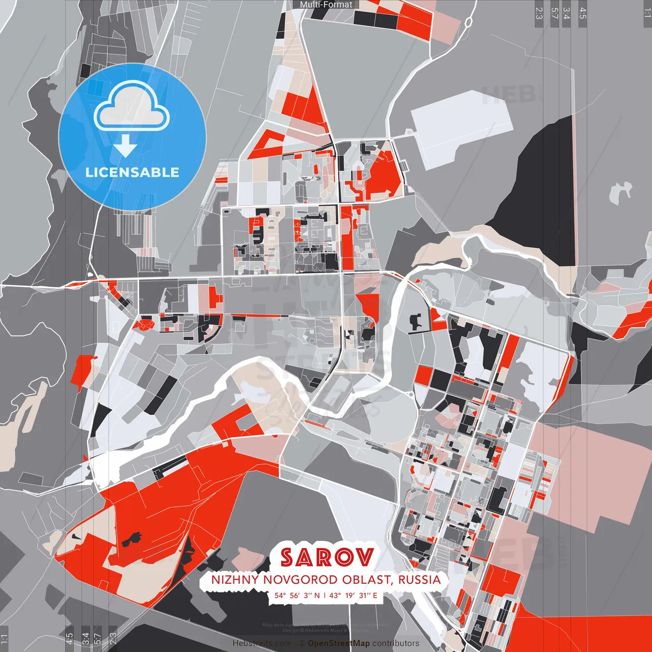 Sarov, Nizhny Novgorod Oblast, Russia - modern street map poster template with gray and red tones