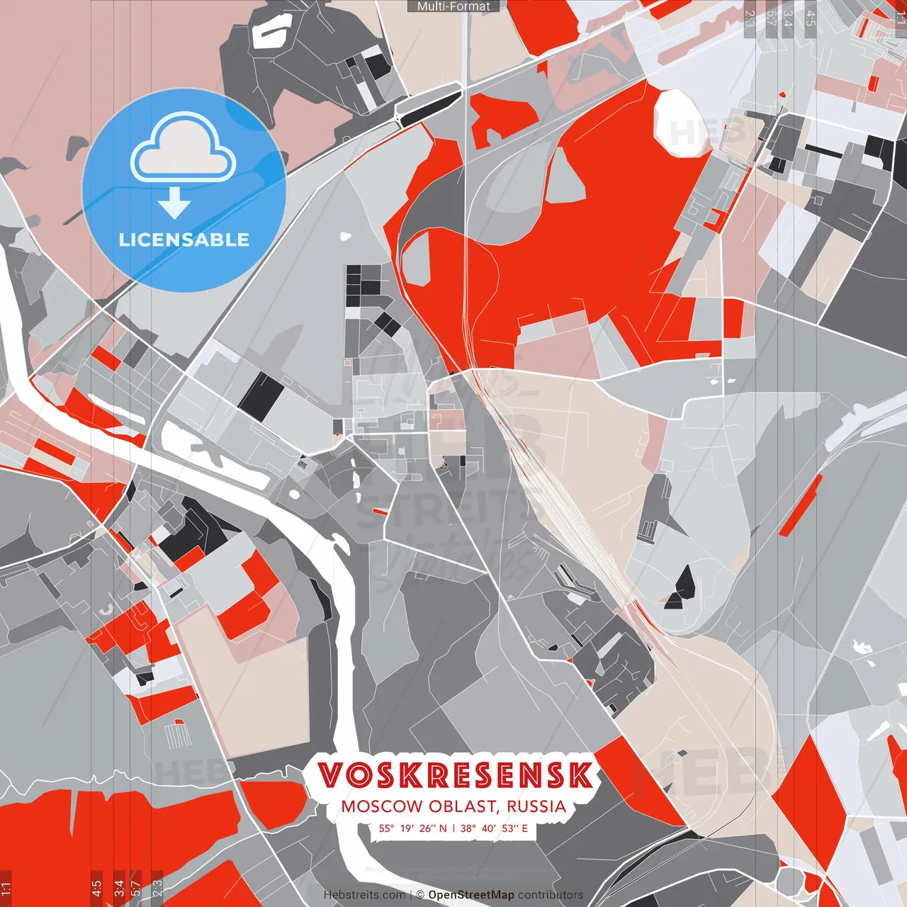 Voskresensk, Moscow Oblast, Russia - modern street map poster template with gray and red tones