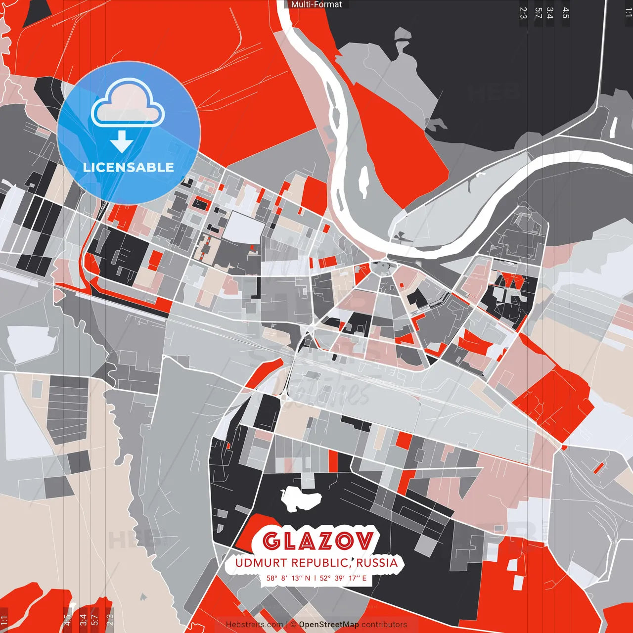 Glazov, Udmurt Republic, Russia - modern street map poster template with gray and red tones