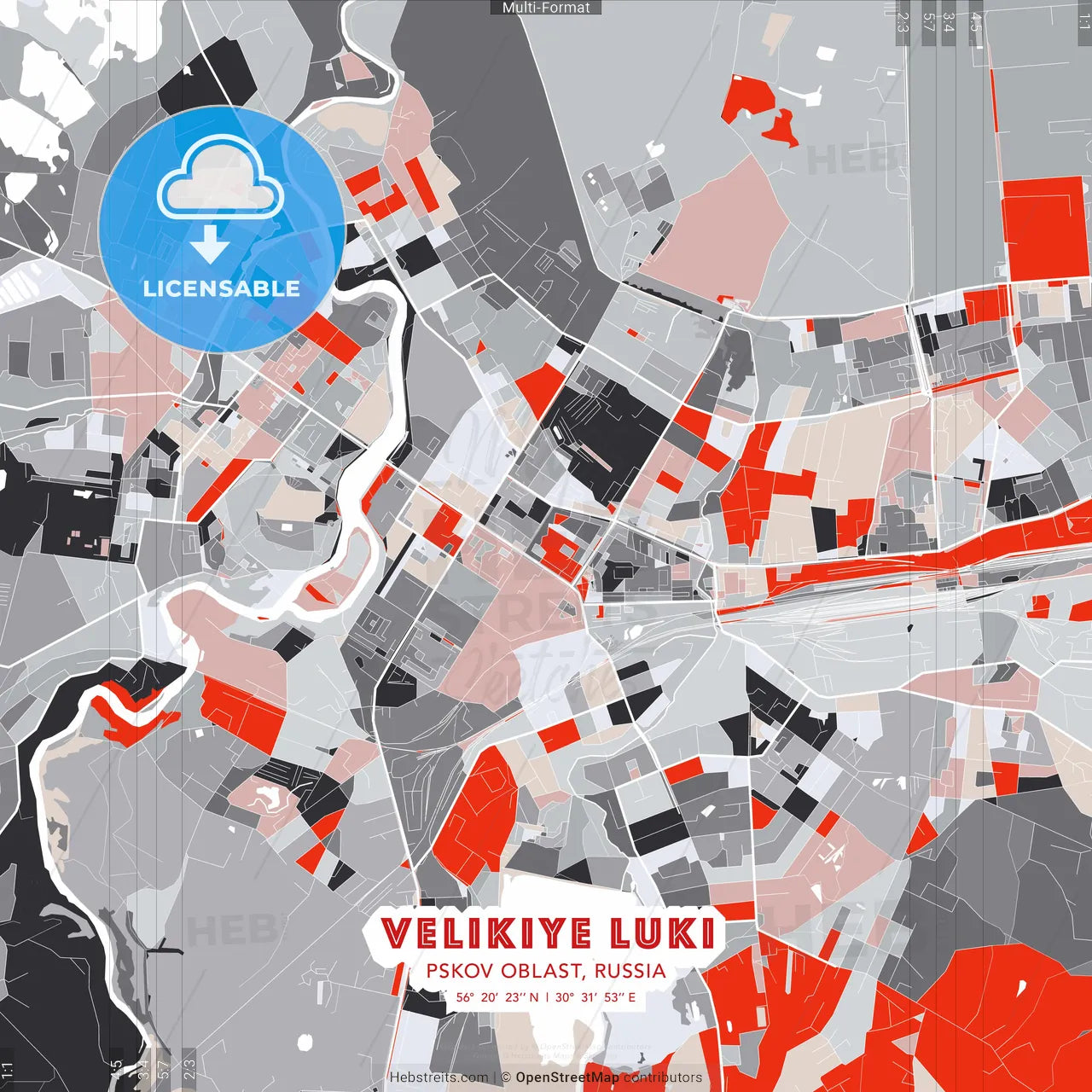 Velikiye Luki, Pskov Oblast, Russia - modern street map poster template with gray and red tones