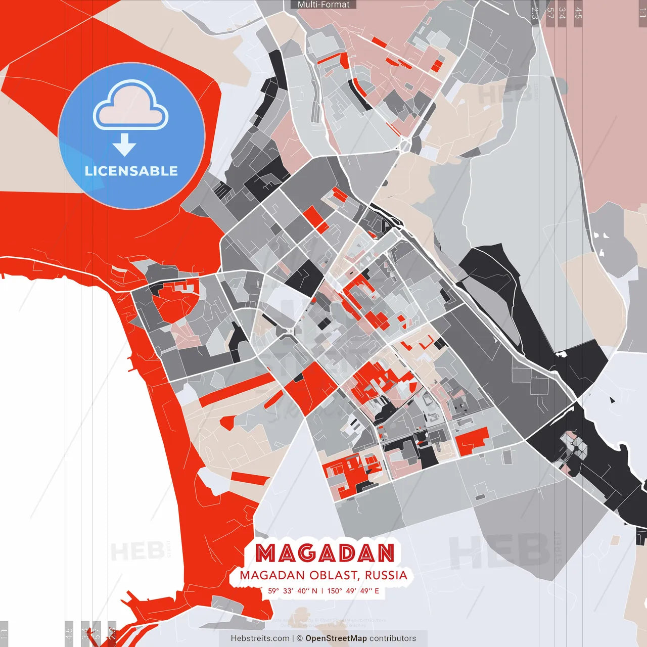 Magadan, Magadan Oblast, Russia - modern street map poster template with gray and red tones