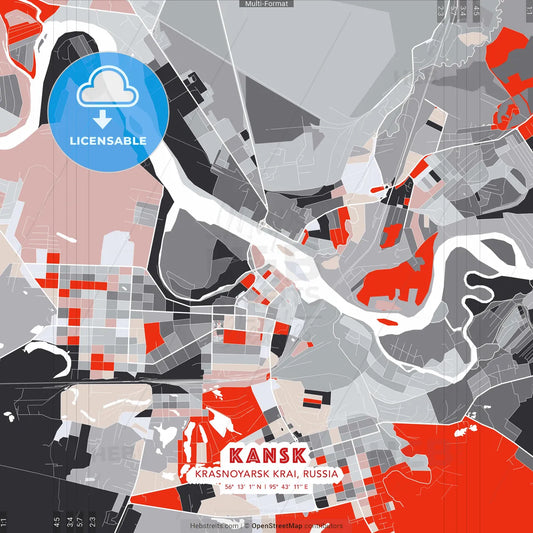 Kansk, Krasnoyarsk Krai, Russia - modern street map poster template with gray and red tones