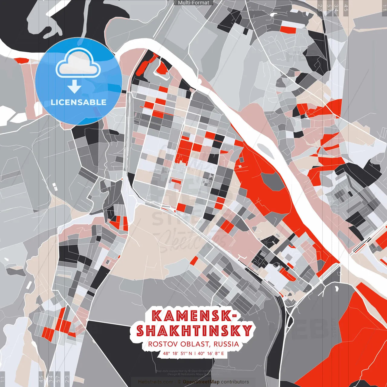 Kamensk-Shakhtinsky, Rostov Oblast, Russia - modern street map poster template with gray and red tones