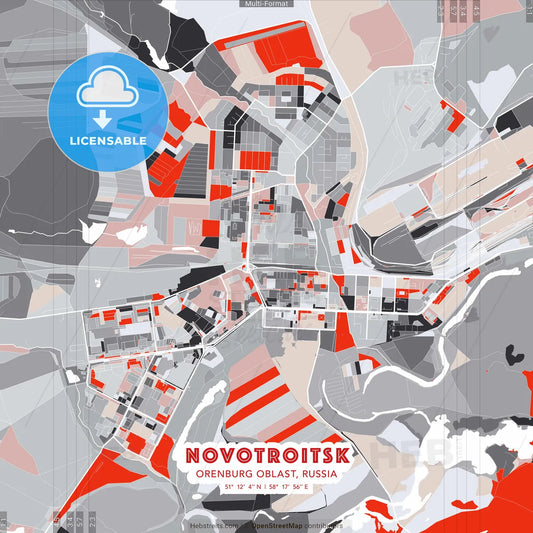 Novotroitsk, Orenburg Oblast, Russia - modern street map poster template with gray and red tones