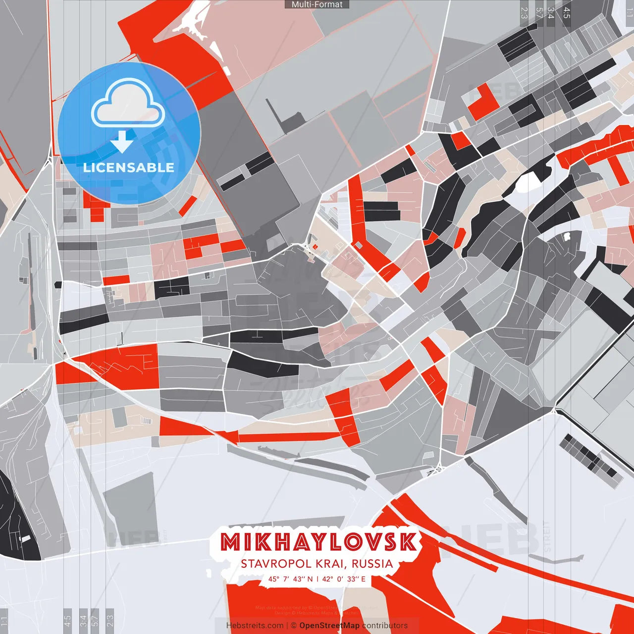 Mikhaylovsk, Stavropol Krai, Russia - modern street map poster template with gray and red tones