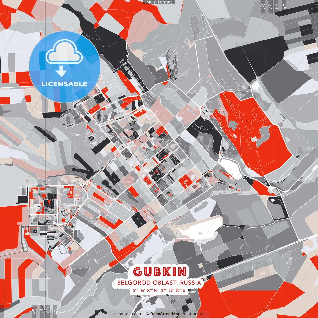 Gubkin, Belgorod Oblast, Russia - modern street map poster template with gray and red tones