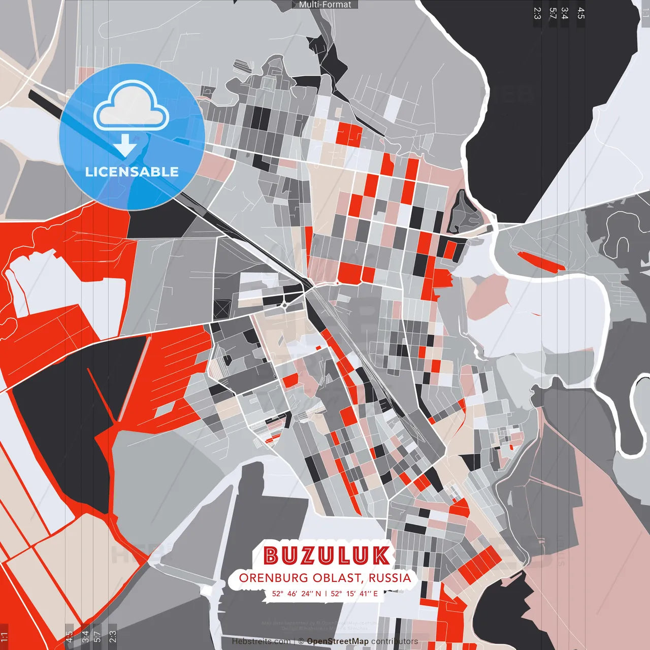 Buzuluk, Orenburg Oblast, Russia - modern street map poster template with gray and red tones