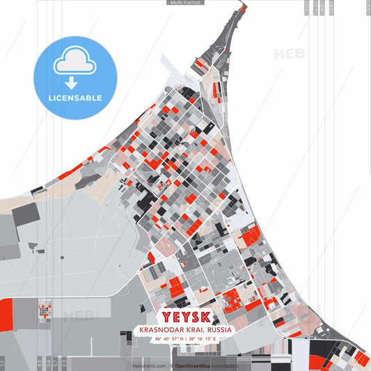 Yeysk, Krasnodar Krai, Russia - modern street map poster template with gray and red tones