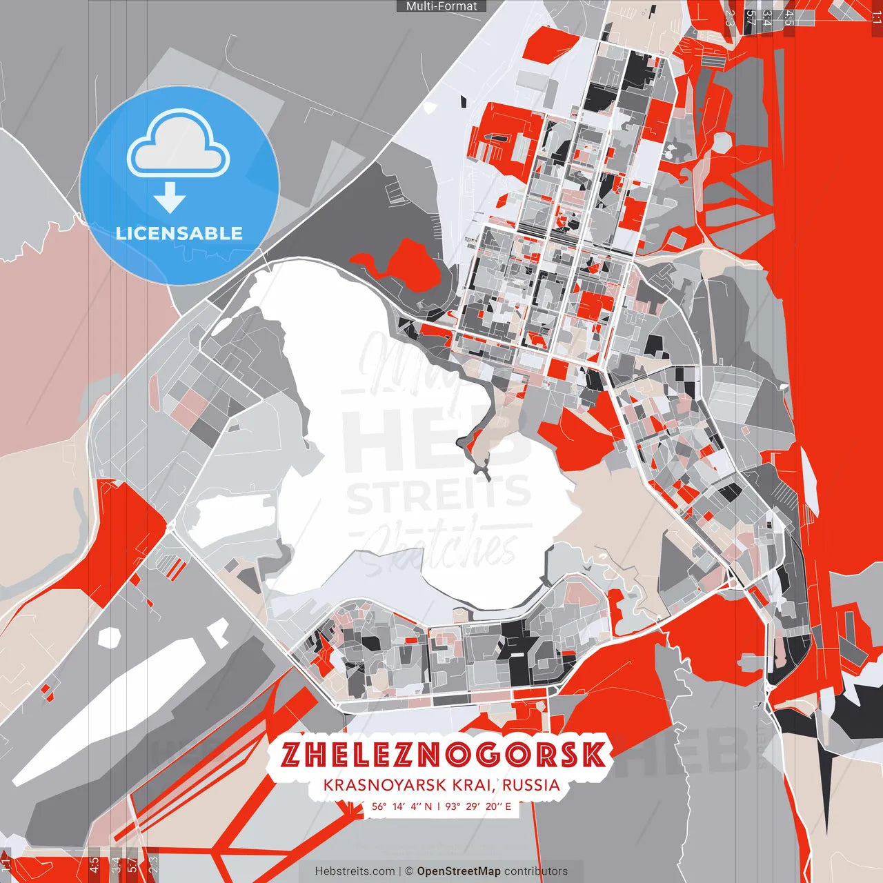 Zheleznogorsk, Krasnoyarsk Krai, Russia - modern street map poster template with gray and red tones