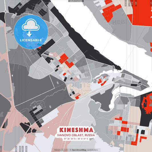 Kineshma, Ivanovo Oblast, Russia - modern street map poster template with gray and red tones