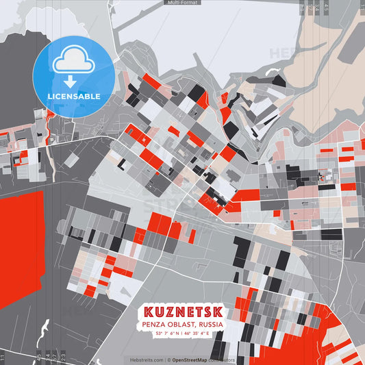 Kuznetsk, Penza Oblast, Russia - modern street map poster template with gray and red tones