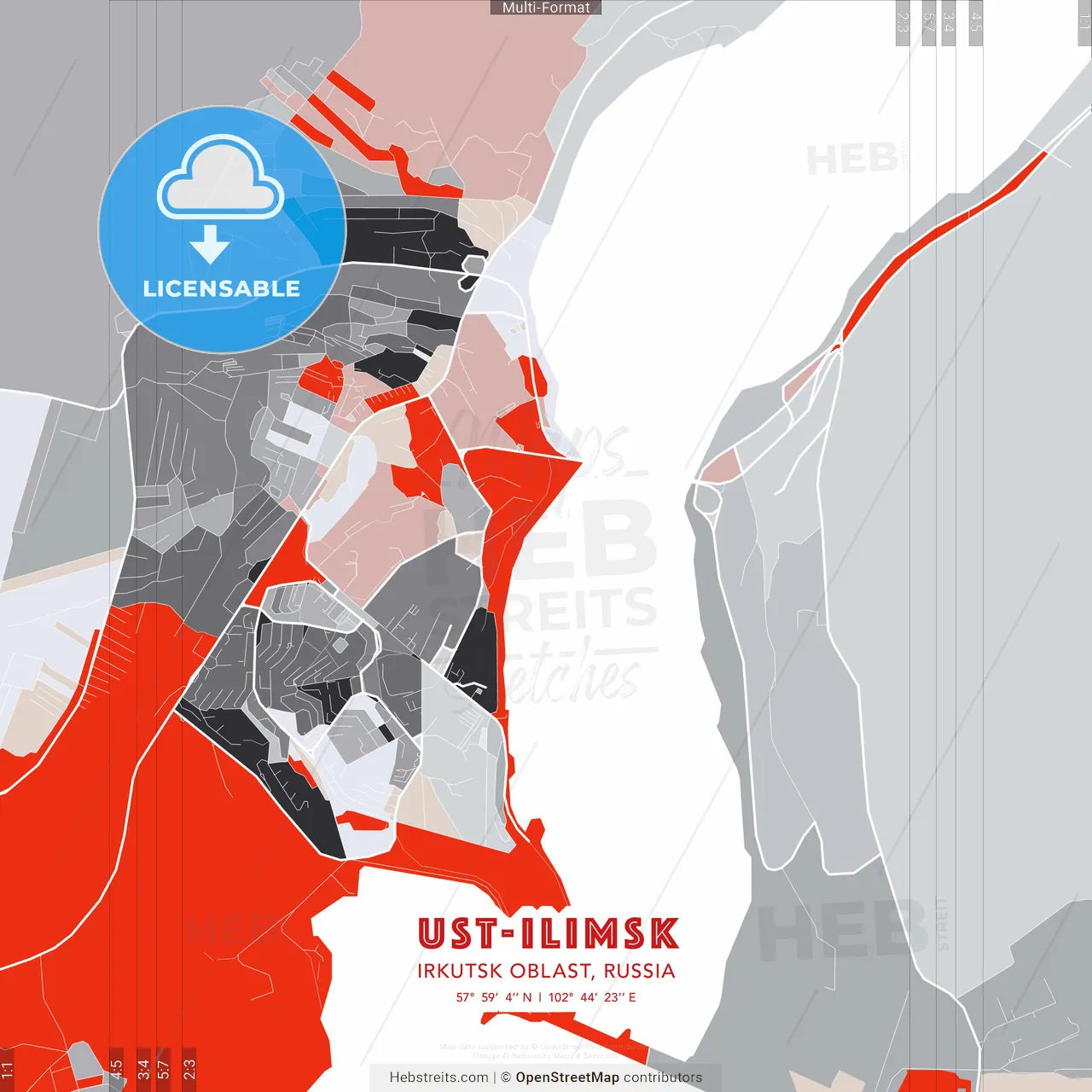 Ust-Ilimsk, Irkutsk Oblast, Russia - modern street map poster template with gray and red tones