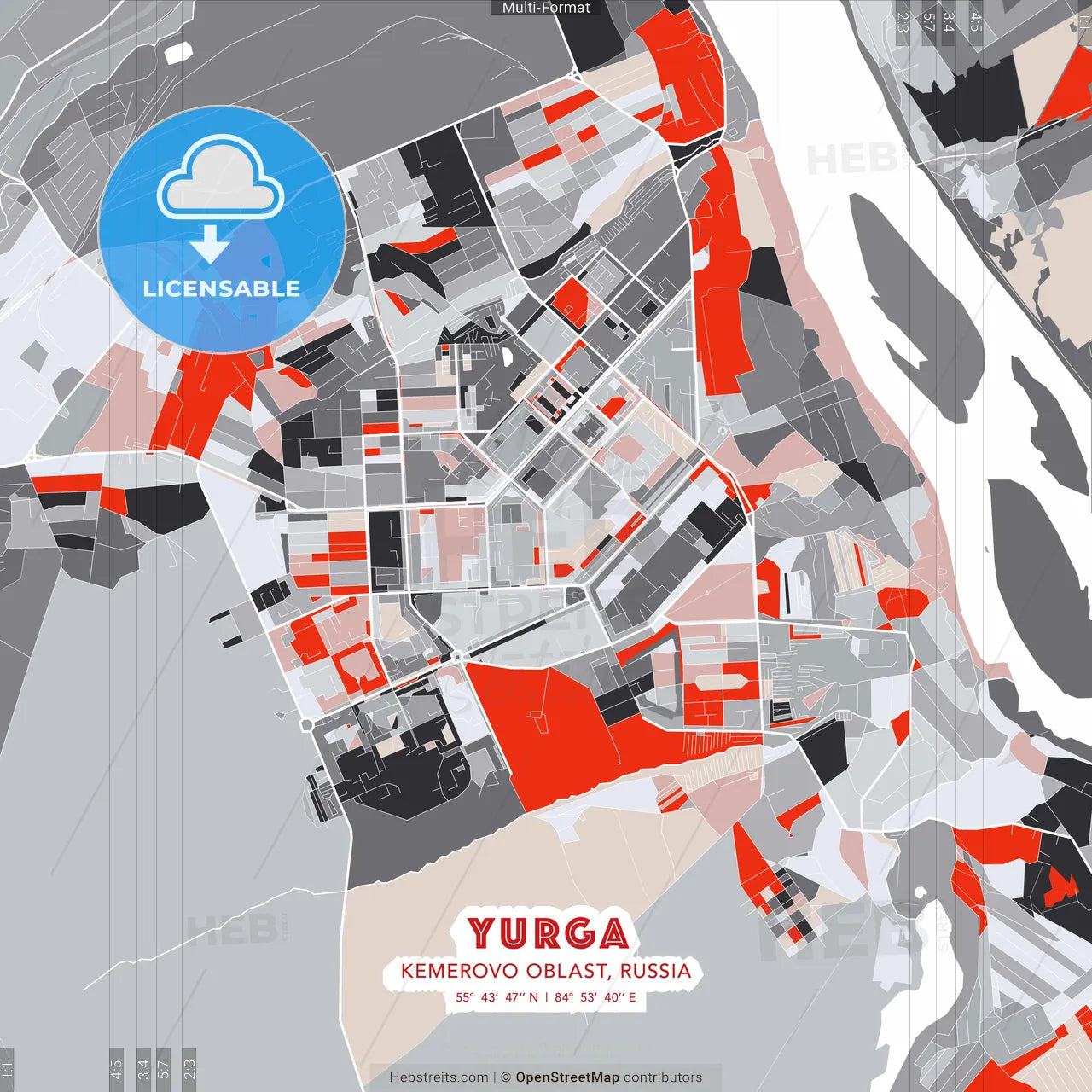 Yurga, Kemerovo Oblast, Russia - modern street map poster template with gray and red tones
