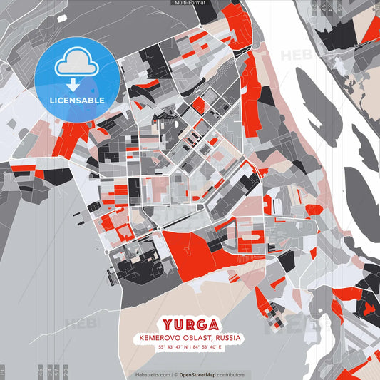 Yurga, Kemerovo Oblast, Russia - modern street map poster template with gray and red tones
