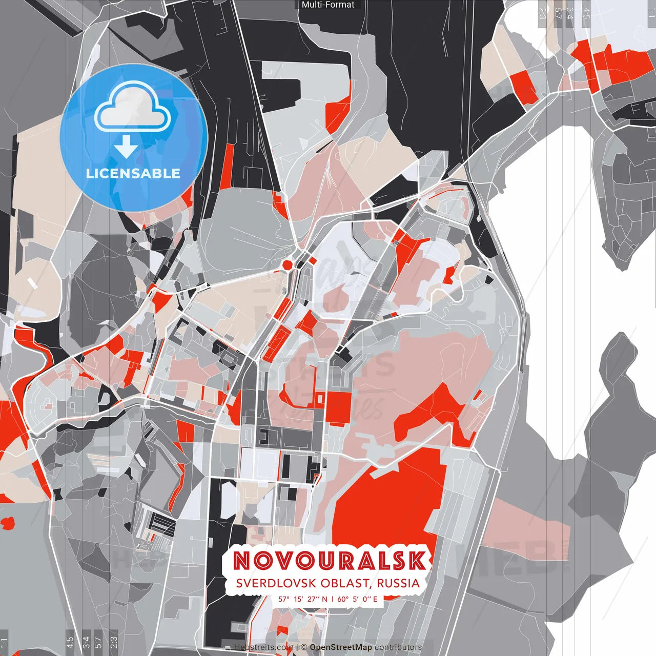 Novouralsk, Sverdlovsk Oblast, Russia - modern street map poster template with gray and red tones