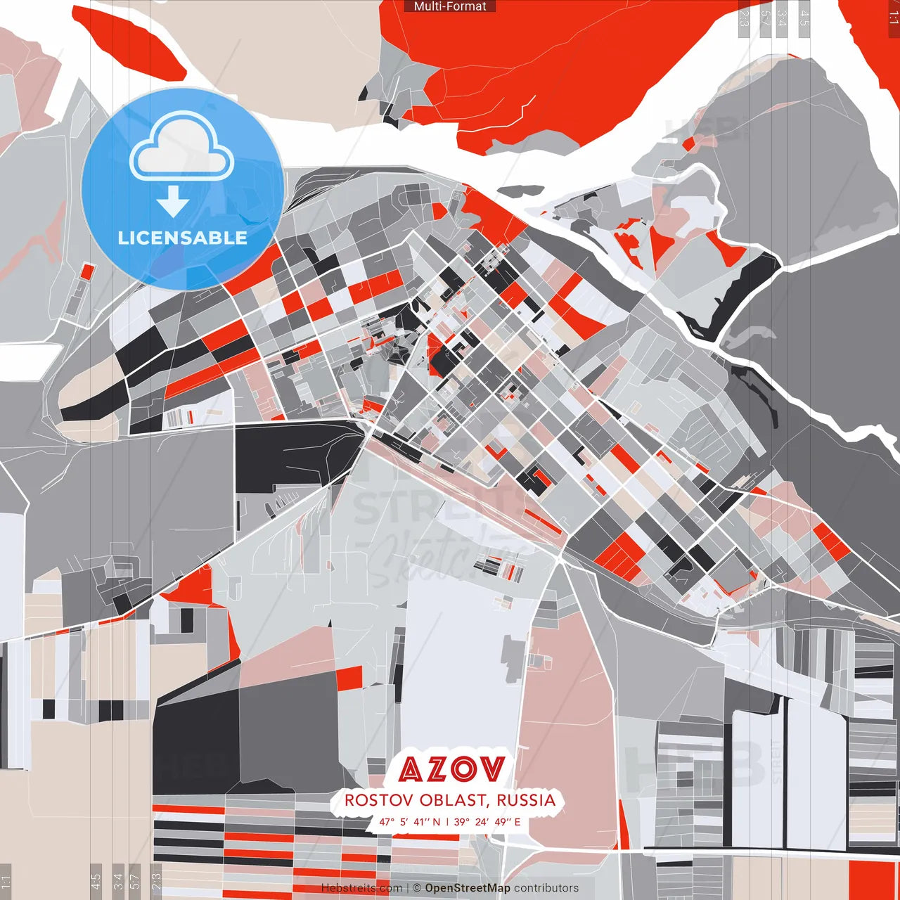 Azov, Rostov Oblast, Russia - modern street map poster template with gray and red tones
