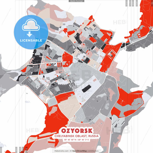 Ozyorsk, Chelyabinsk Oblast, Russia - modern street map poster template with gray and red tones