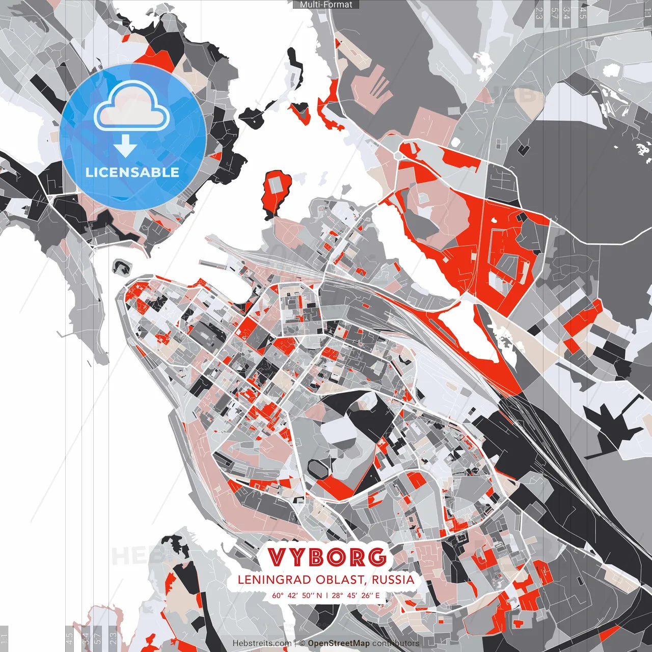 Vyborg, Leningrad Oblast, Russia - modern street map poster template with gray and red tones