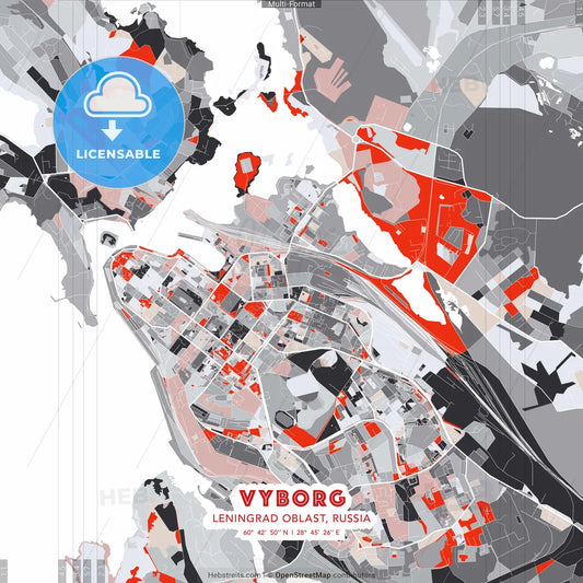 Vyborg, Leningrad Oblast, Russia - modern street map poster template with gray and red tones