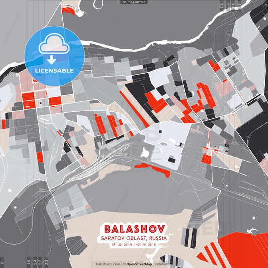 Balashov, Saratov Oblast, Russia - modern street map poster template with gray and red tones