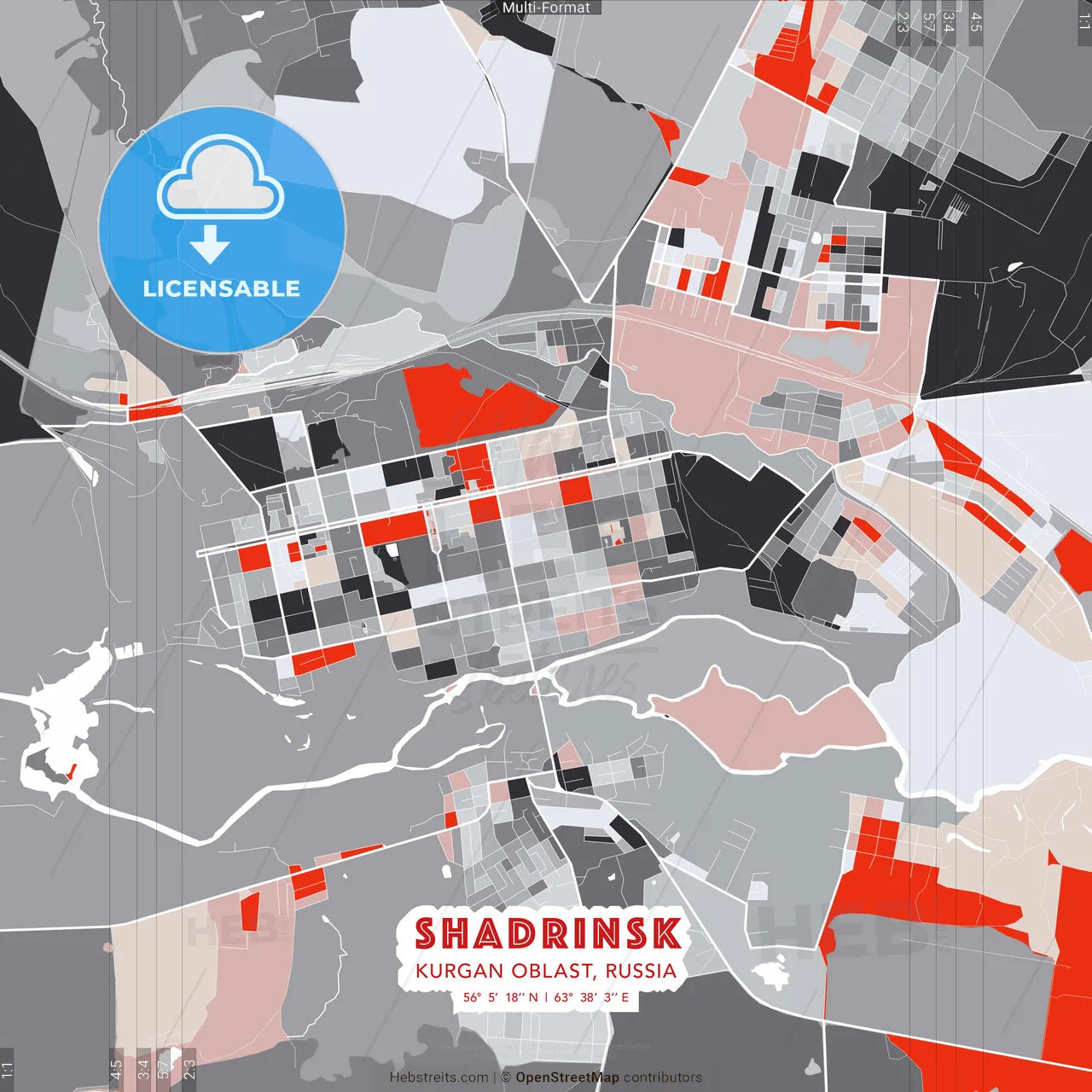 Shadrinsk, Kurgan Oblast, Russia - modern street map poster template with gray and red tones