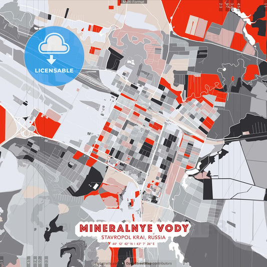 Mineralnye Vody, Stavropol Krai, Russia - modern street map poster template with gray and red tones