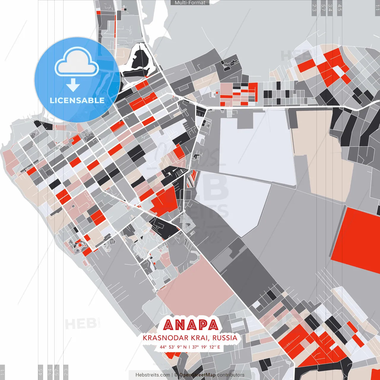 Anapa, Krasnodar Krai, Russia - modern street map poster template with gray and red tones