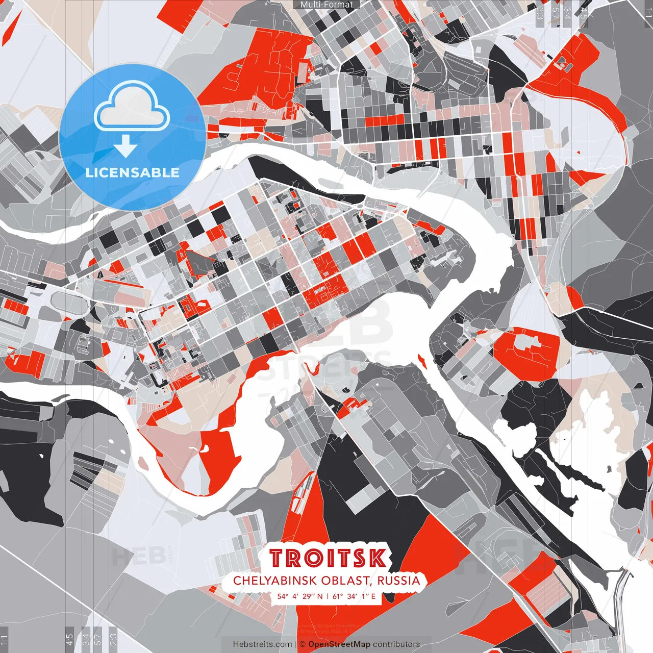 Troitsk, Chelyabinsk Oblast, Russia - modern street map poster template with gray and red tones
