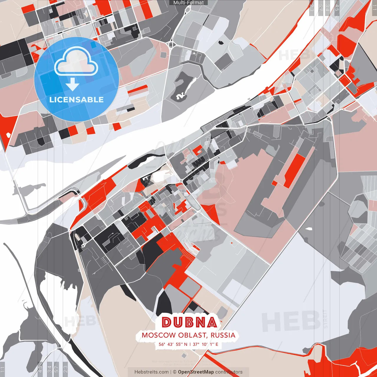 Dubna, Moscow Oblast, Russia - modern street map poster template with gray and red tones