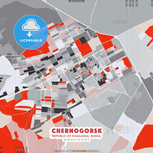 Chernogorsk, Republic of Khakassia, Russia - modern street map poster template with gray and red tones