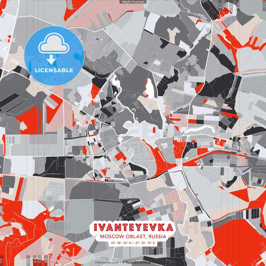 Ivanteyevka, Moscow Oblast, Russia - modern street map poster template with gray and red tones