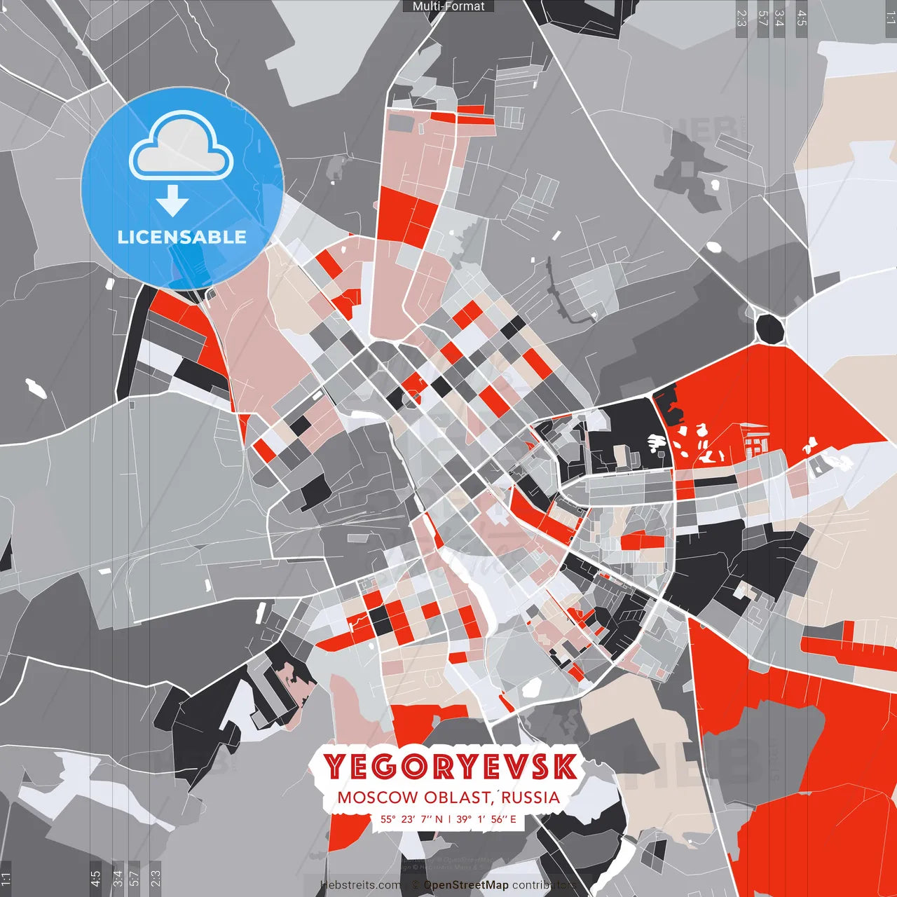 Yegoryevsk, Moscow Oblast, Russia - modern street map poster template with gray and red tones
