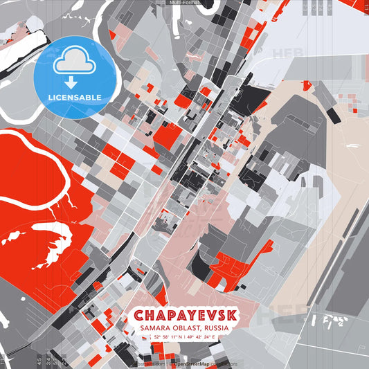 Chapayevsk, Samara Oblast, Russia - modern street map poster template with gray and red tones