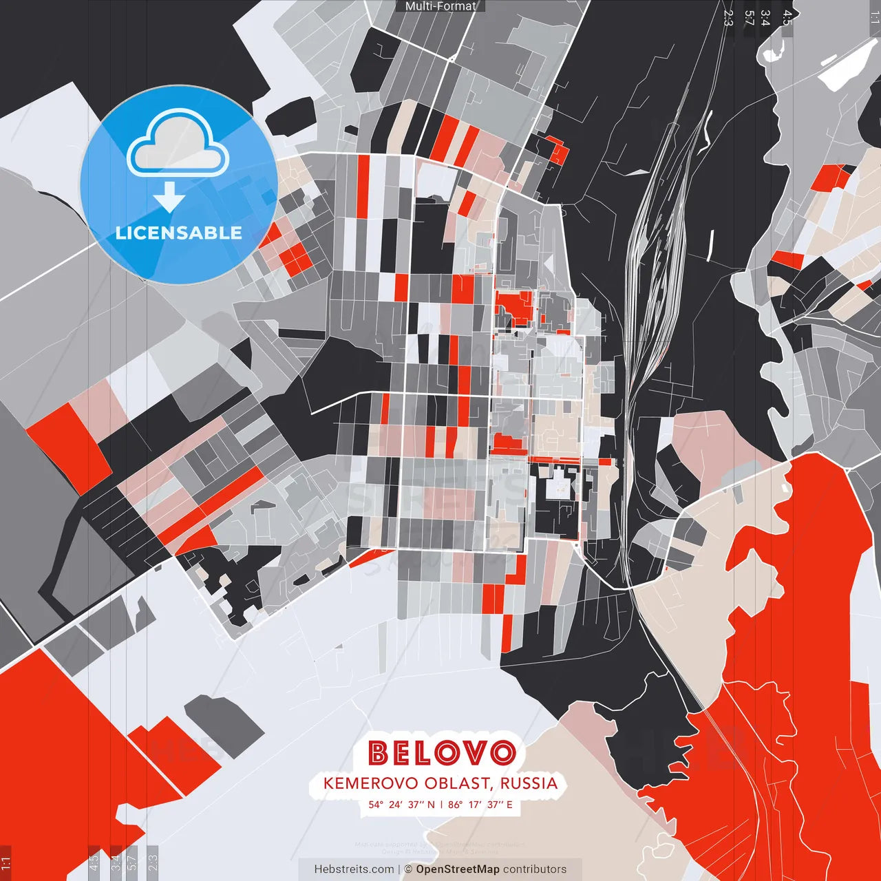 Belovo, Kemerovo Oblast, Russia - modern street map poster template with gray and red tones