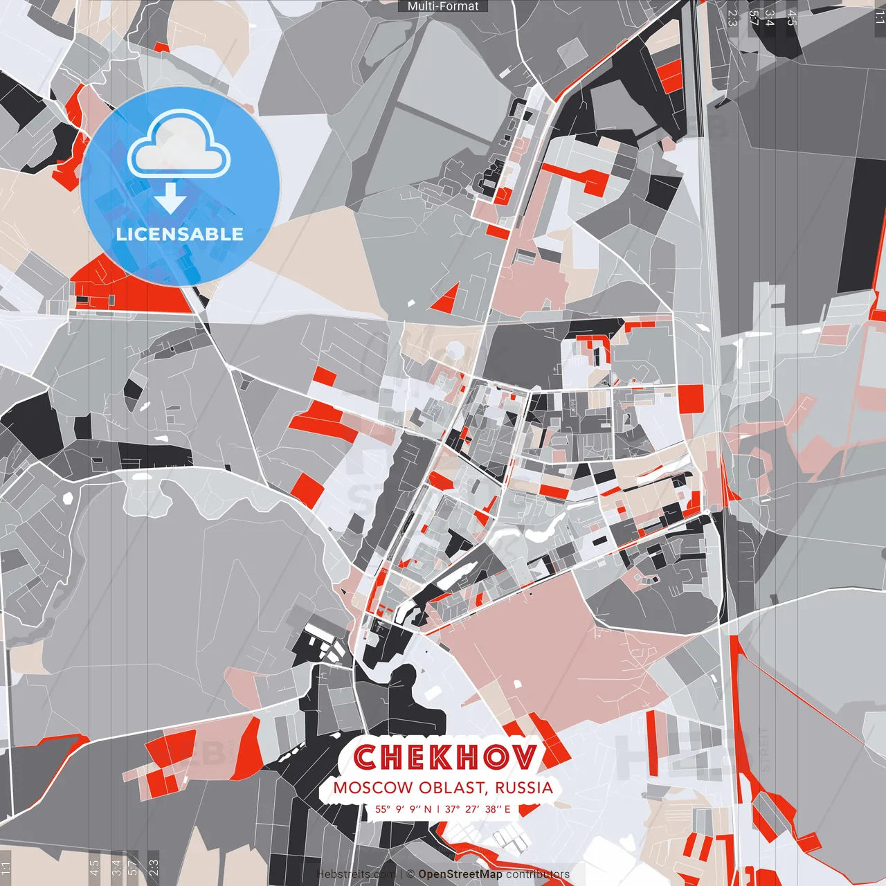 Chekhov, Moscow Oblast, Russia - modern street map poster template with gray and red tones