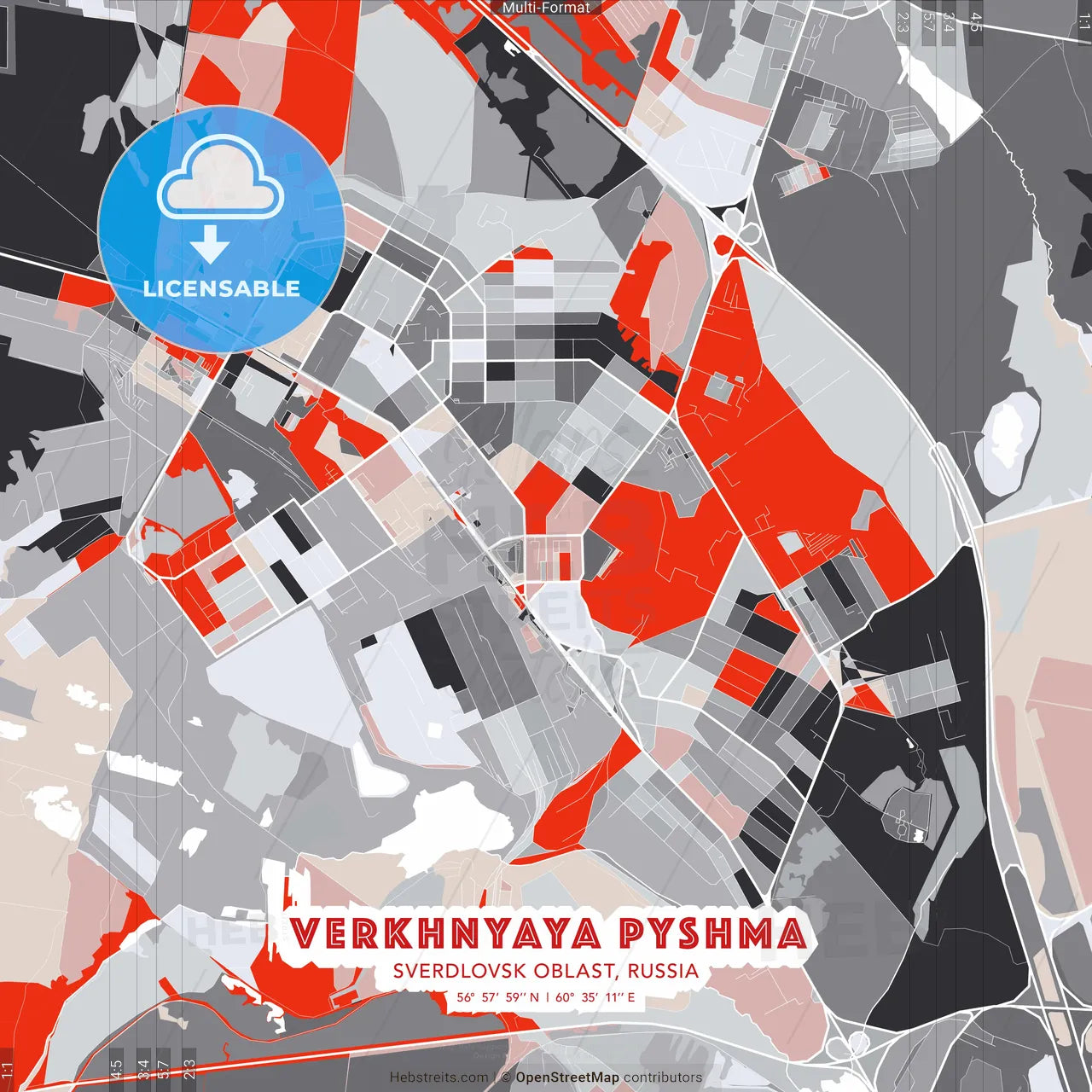Verkhnyaya Pyshma, Sverdlovsk Oblast, Russia - modern street map poster template with gray and red tones