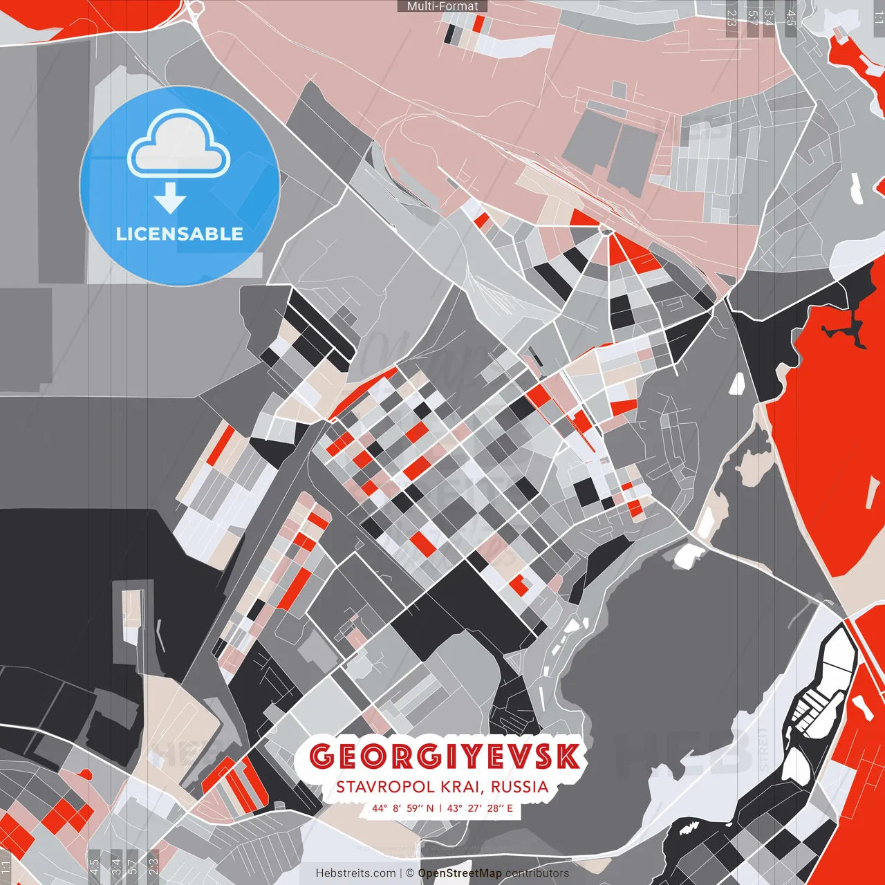 Georgiyevsk, Stavropol Krai, Russia - modern street map poster template with gray and red tones