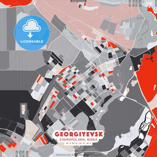 Georgiyevsk, Stavropol Krai, Russia - modern street map poster template with gray and red tones
