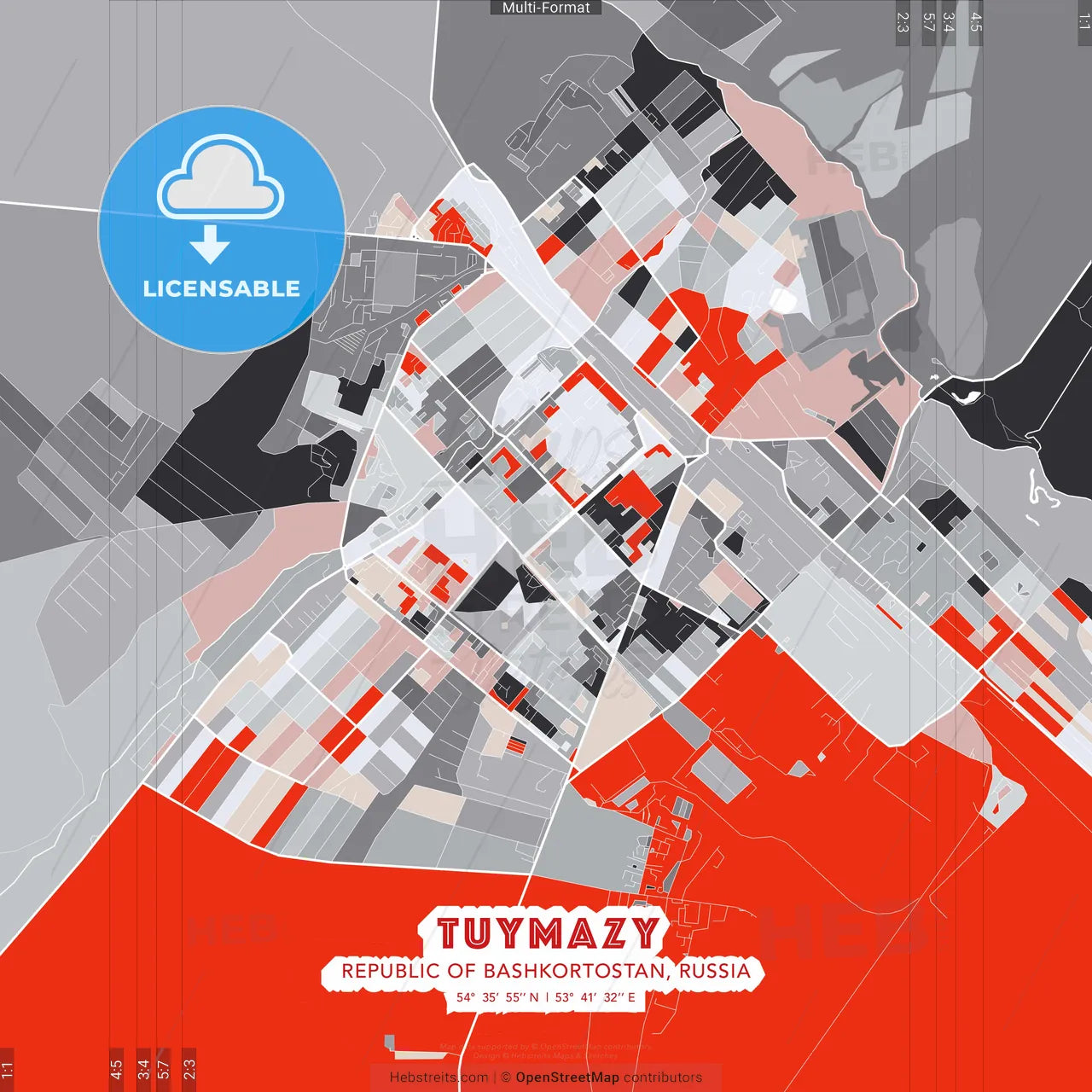Tuymazy, Republic of Bashkortostan, Russia - modern street map poster template with gray and red tones