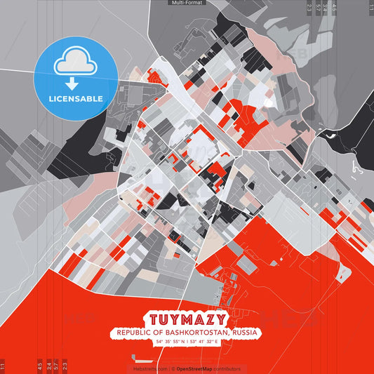 Tuymazy, Republic of Bashkortostan, Russia - modern street map poster template with gray and red tones