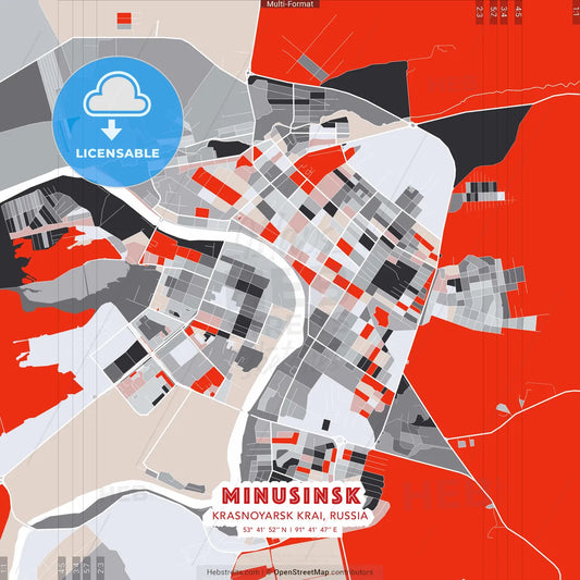 Minusinsk, Krasnoyarsk Krai, Russia - modern street map poster template with gray and red tones