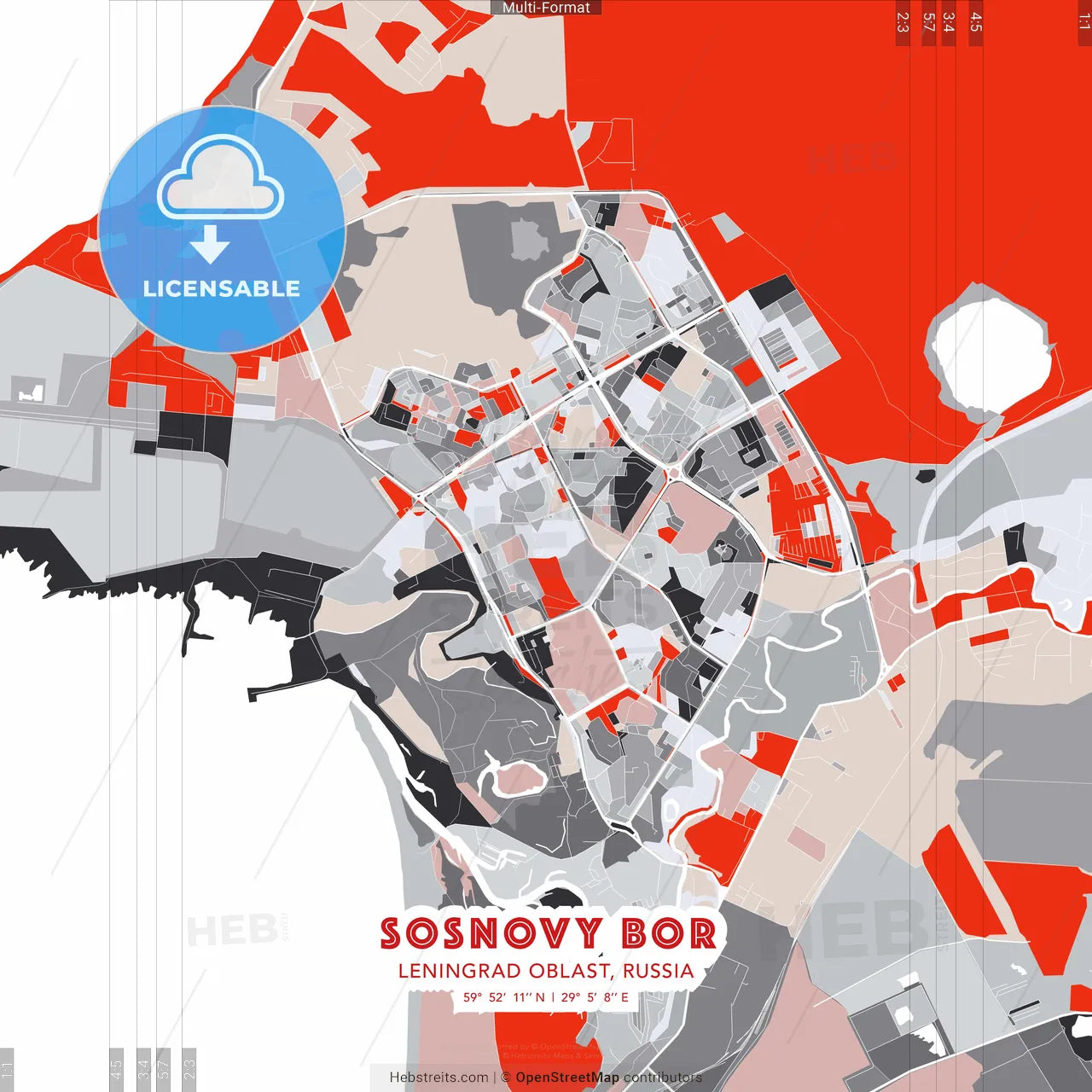 Sosnovy Bor, Leningrad Oblast, Russia - modern street map poster template with gray and red tones