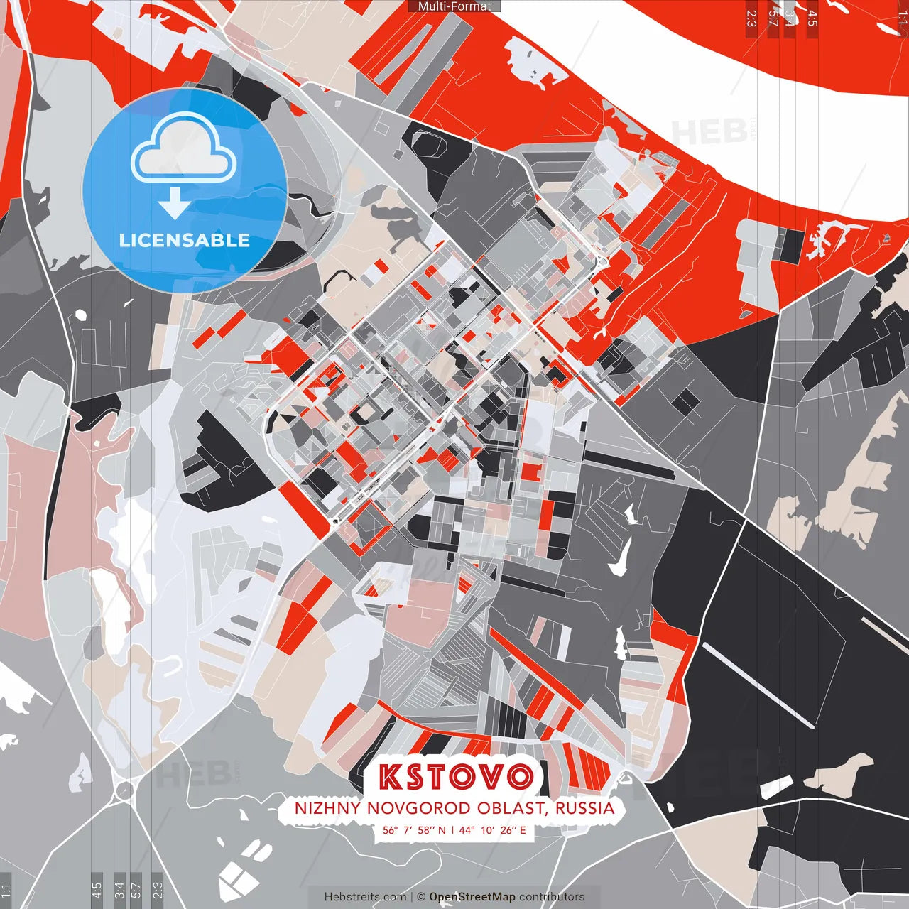 Kstovo, Nizhny Novgorod Oblast, Russia - modern street map poster template with gray and red tones