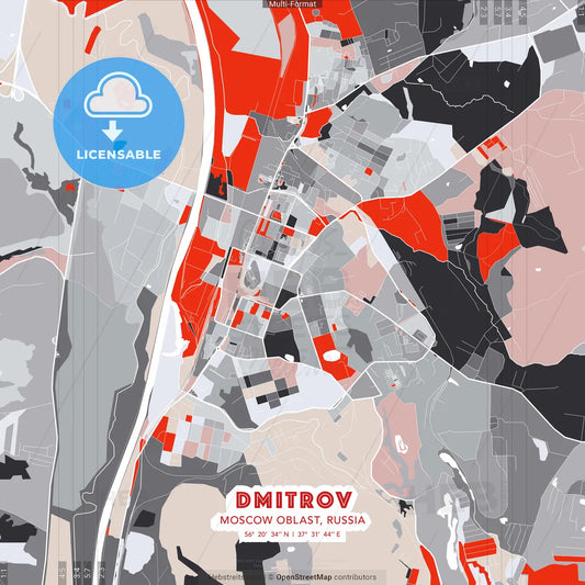 Dmitrov, Moscow Oblast, Russia - modern street map poster template with gray and red tones