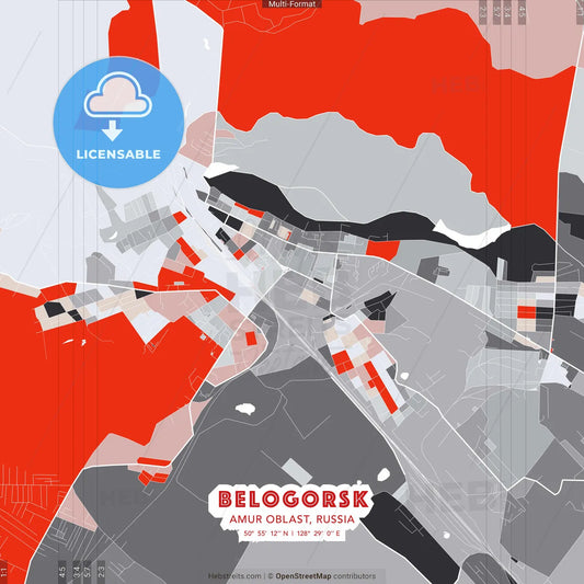 Belogorsk, Amur Oblast, Russia - modern street map poster template with gray and red tones