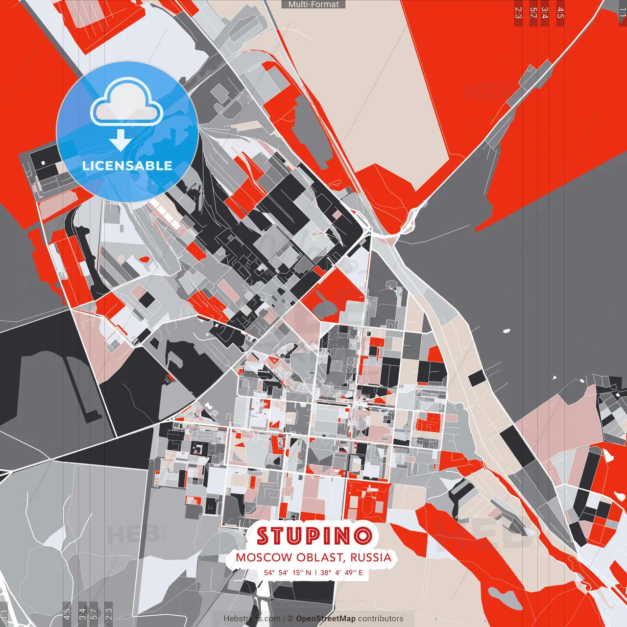 Stupino, Moscow Oblast, Russia - modern street map poster template with gray and red tones